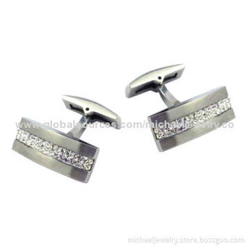 Stainless Steel Cufflinks with White Crystal PP Stones, Elegant, Arch, Brushed